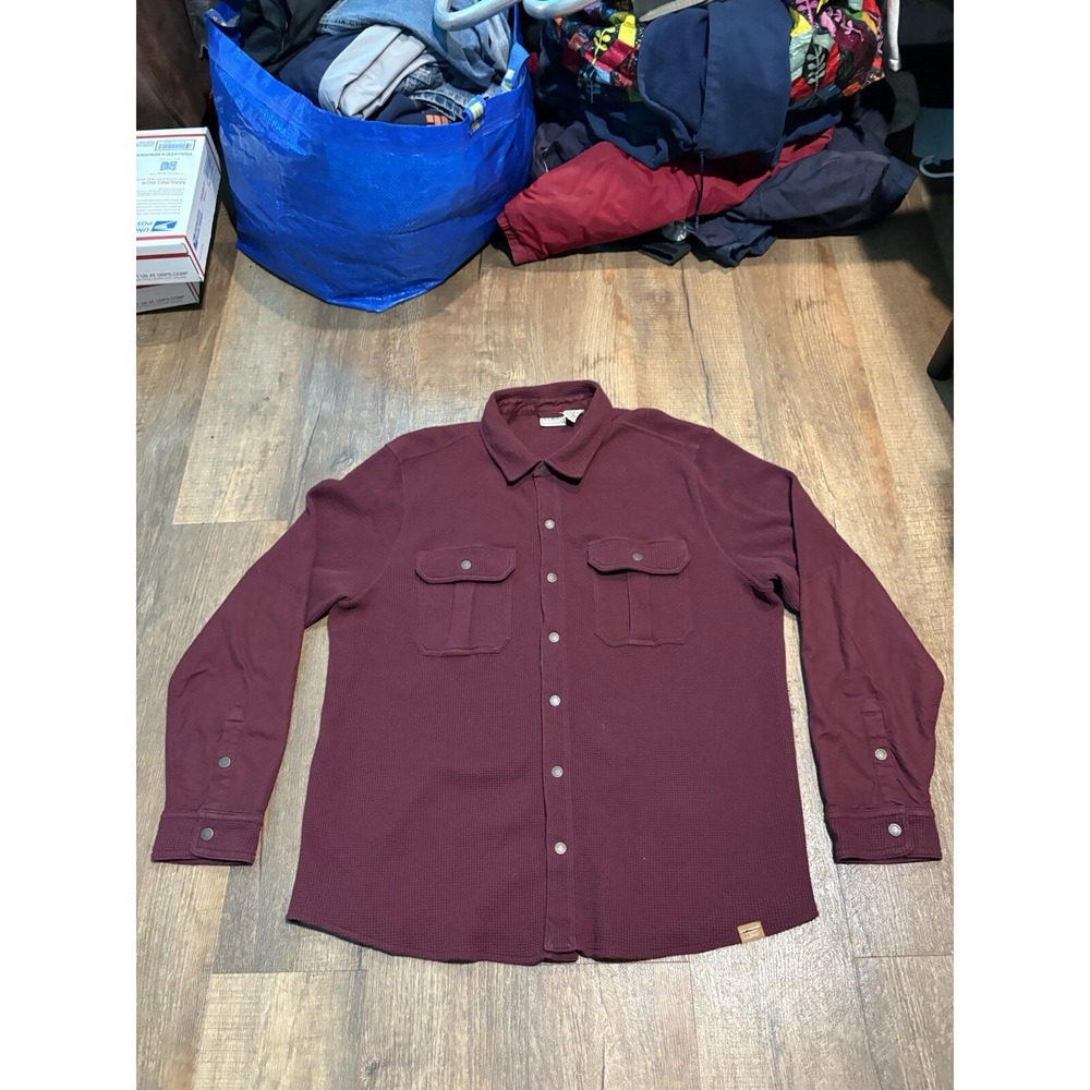 LL Bean Thermal Waffle Shirt Mens Extra Large XL Maroon Long Sleeves Snap 518206